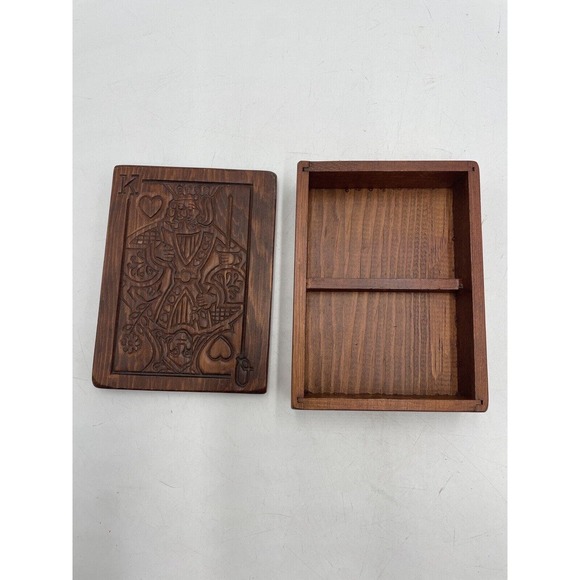 Vintage 2 Deck Playing Card Wooden Storage Box King And‎ Queen Of Hearts - Picture 2 of 5